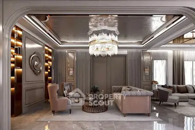 Luxurious living room with elegant chandelier and plush seating in a sophisticated setting.