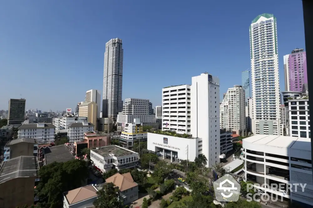 Stunning cityscape view of modern skyscrapers and urban skyline under clear blue sky.