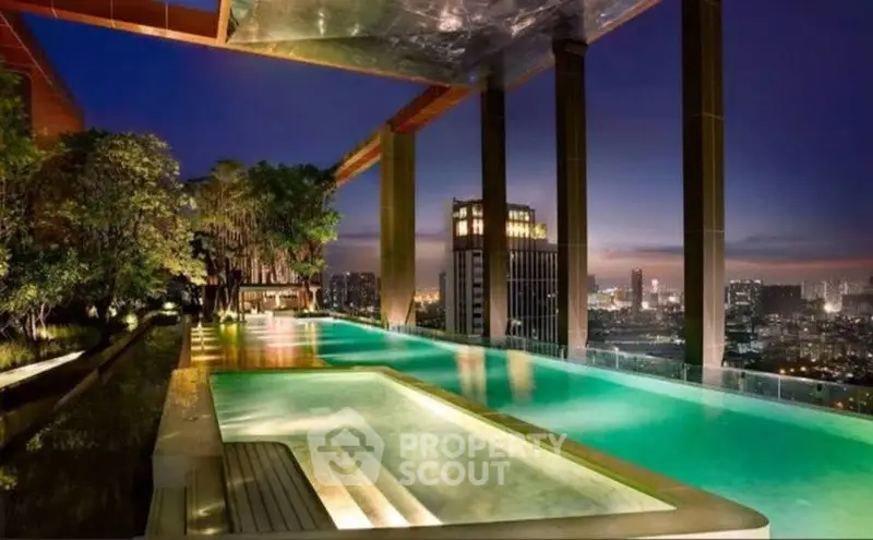 Luxurious rooftop pool with stunning city skyline view at night