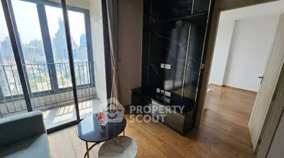 Modern apartment interior with city view and elegant marble accents