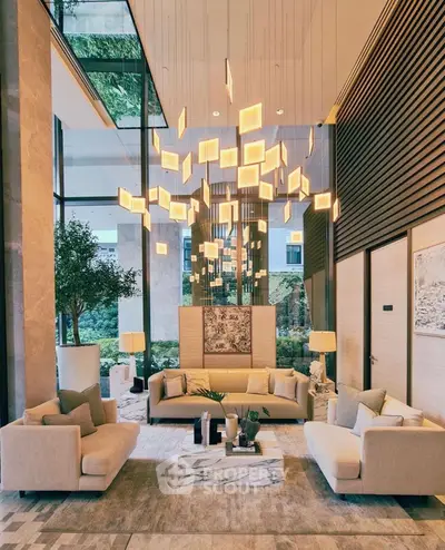 Luxurious modern living room with high ceilings and elegant lighting