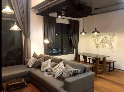 Modern living room with stylish decor and city view