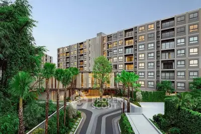 Modern apartment building with lush landscaping and elegant entrance