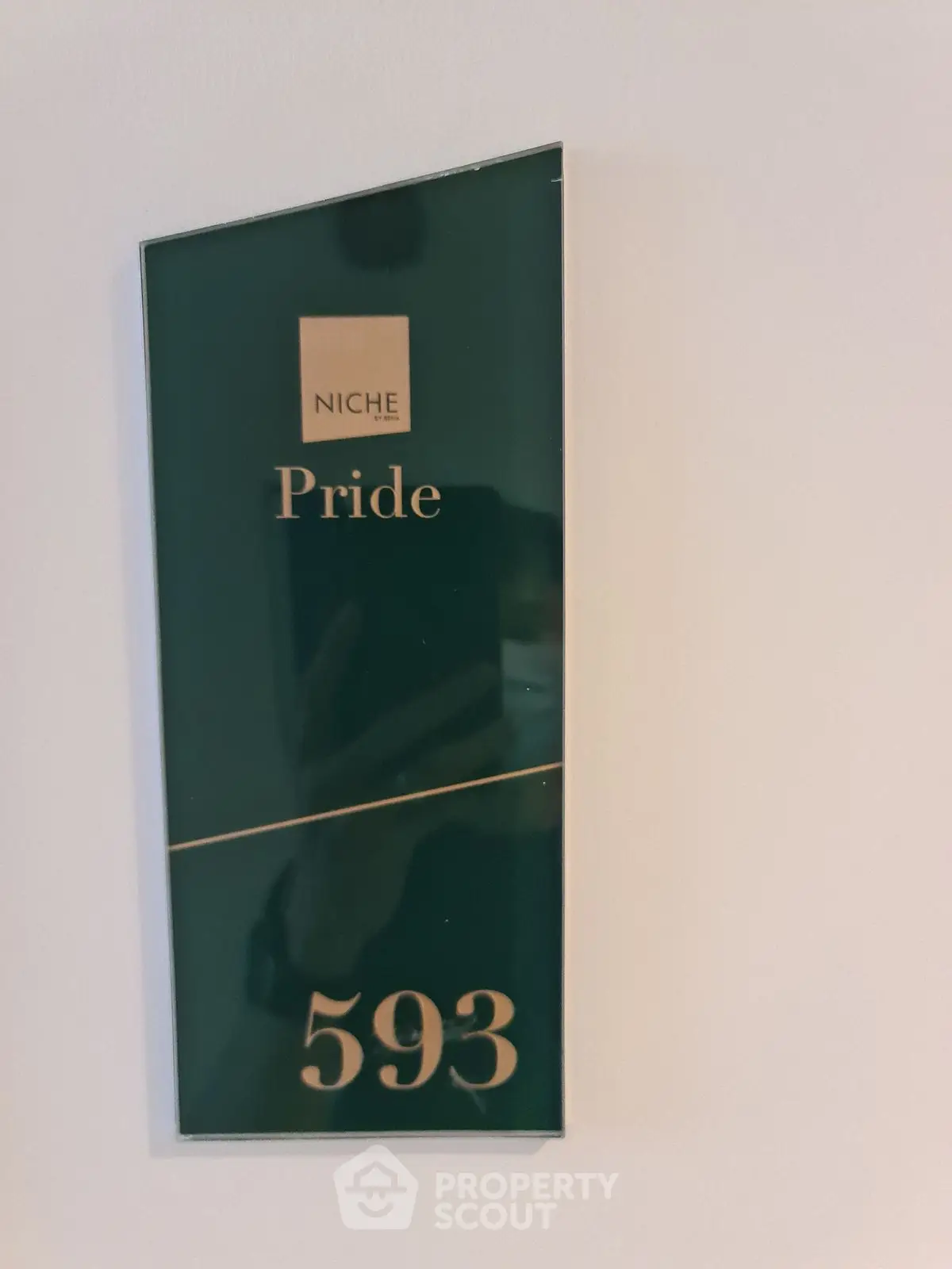 Modern apartment door sign with unit number 593 and Pride branding.