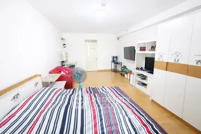 Spacious bedroom with modern decor and ample storage in a cozy apartment.