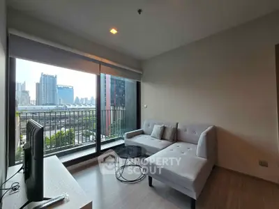 Modern living room with city view and stylish furniture
