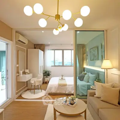 Luxurious modern bedroom with elegant decor and spacious layout, featuring a cozy seating area and stylish lighting.