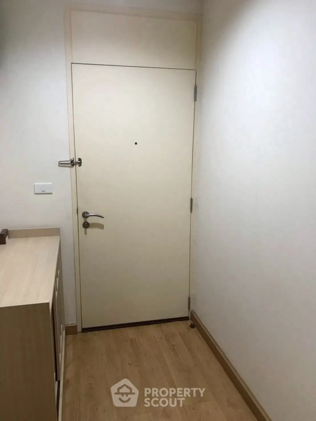 Minimalist apartment entrance with wooden flooring and storage cabinet