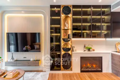 Luxurious living room with modern fireplace and elegant shelving