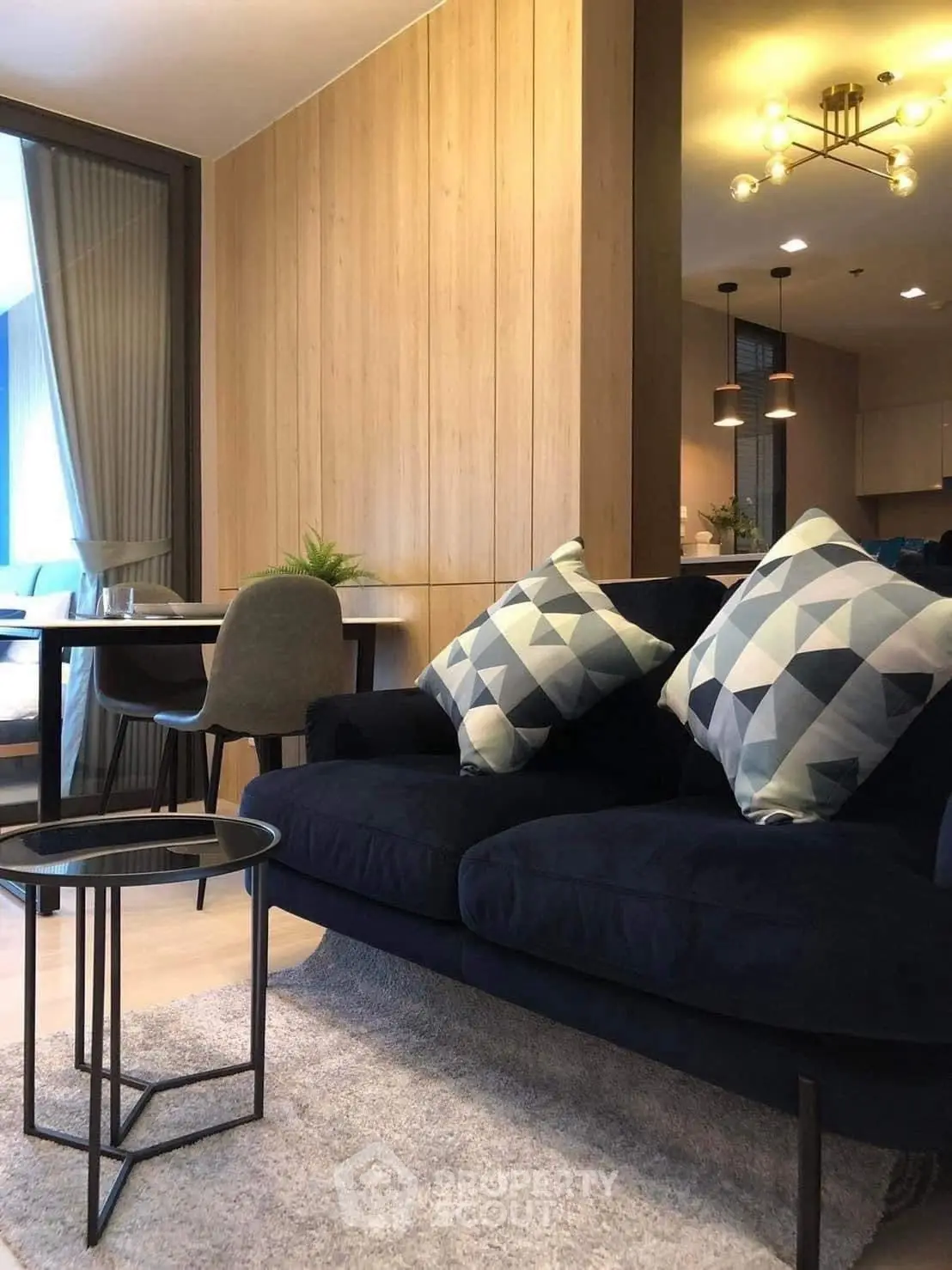 Modern living room with stylish decor and cozy seating area