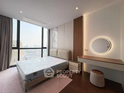 Luxurious bedroom with stunning city view and modern furnishings