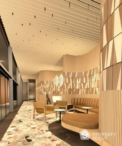 Luxurious modern lobby with elegant seating and artistic wall design