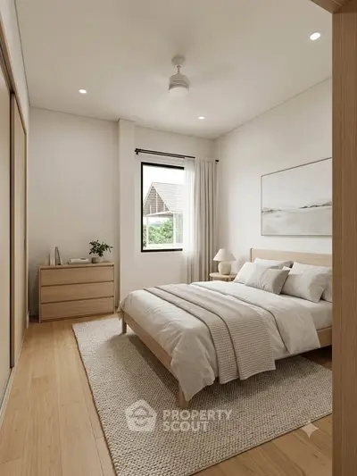 Modern minimalist bedroom with natural light and cozy decor