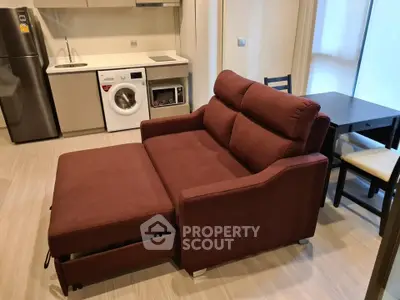 Modern studio apartment with convertible sofa and compact kitchen featuring washing machine and oven.