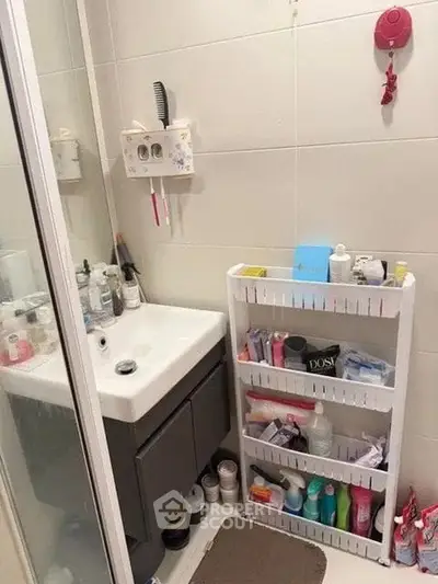 Compact bathroom with sink, shower, and organized toiletries on shelves.