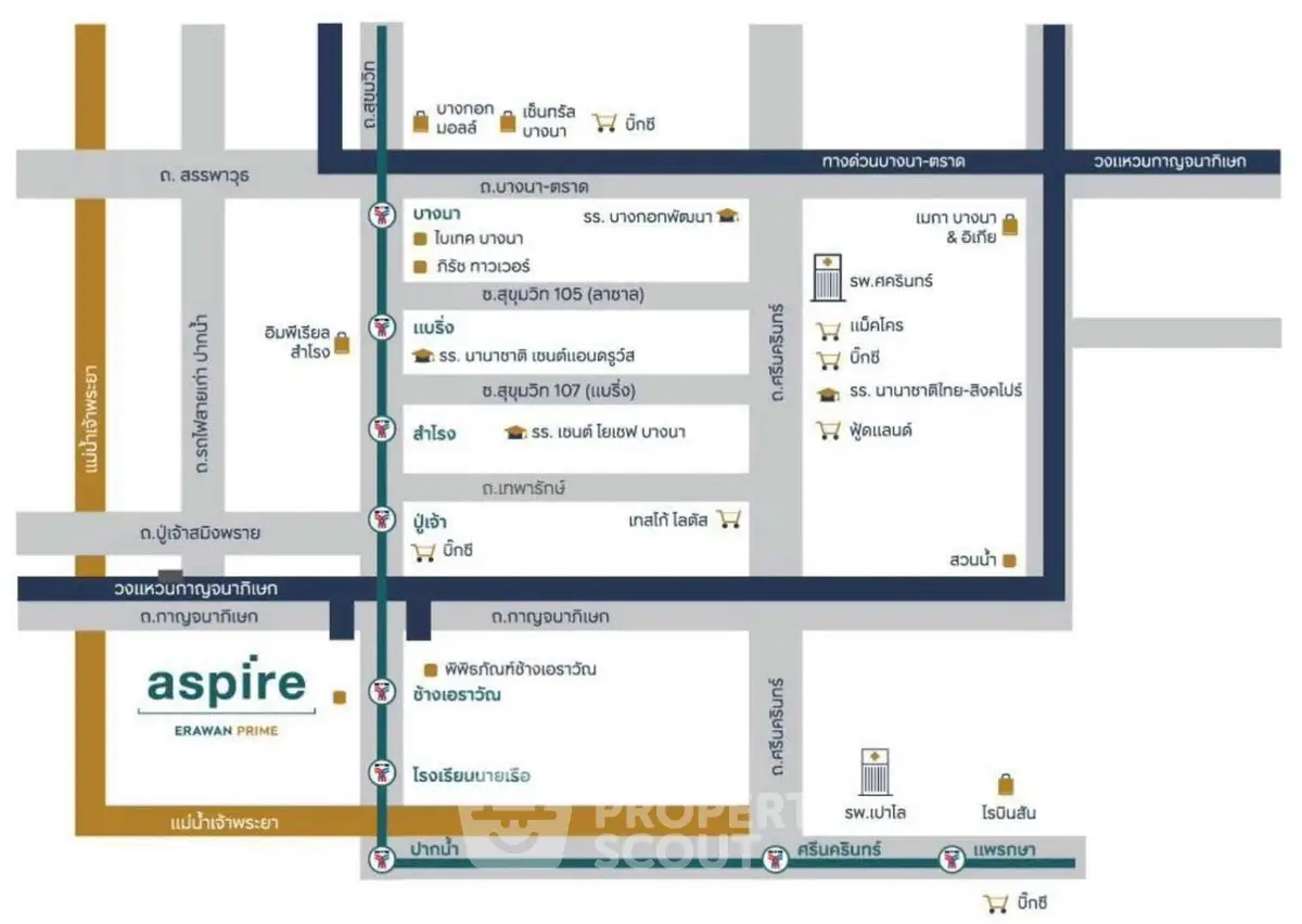 Map showing location and nearby amenities of Aspire Erawan Prime real estate project.