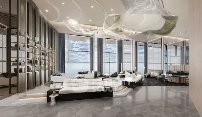 Luxurious modern living room with panoramic windows and elegant decor