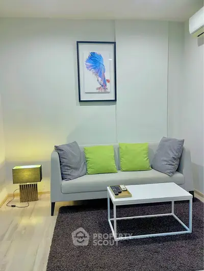 Modern living room with stylish sofa and vibrant decor