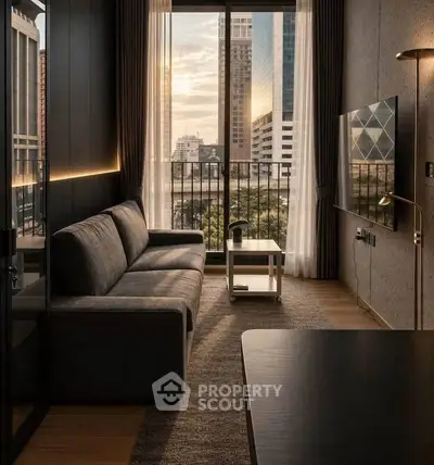 Modern living room with city view, sleek furniture, and floor-to-ceiling windows.