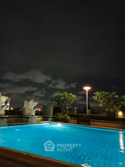 Luxurious rooftop pool with city skyline view at night, perfect for relaxation and entertainment.
