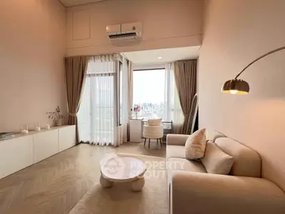 Elegant living room with city view, featuring modern furniture and stylish decor in a high-rise apartment.