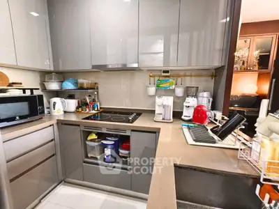 Modern kitchen with sleek cabinetry and appliances, featuring an electric stove and ample counter space.