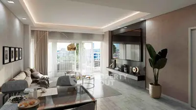 Luxurious modern living room with elegant decor and spacious layout, featuring a large window with a stunning view.