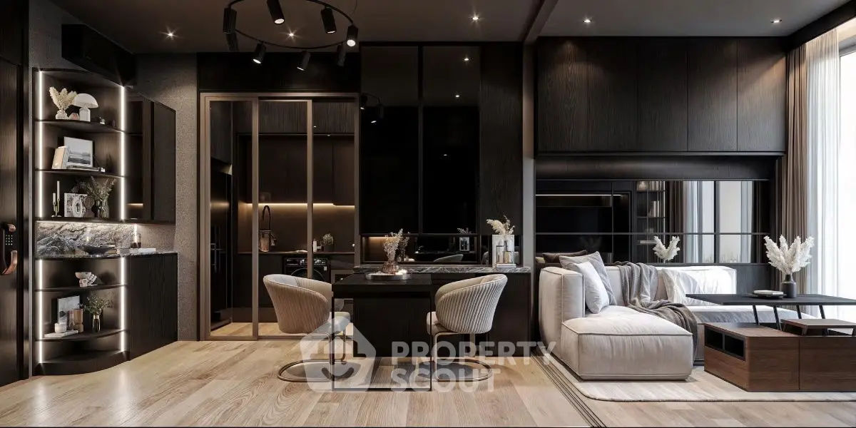 Luxurious modern living room with sleek black decor and elegant furniture