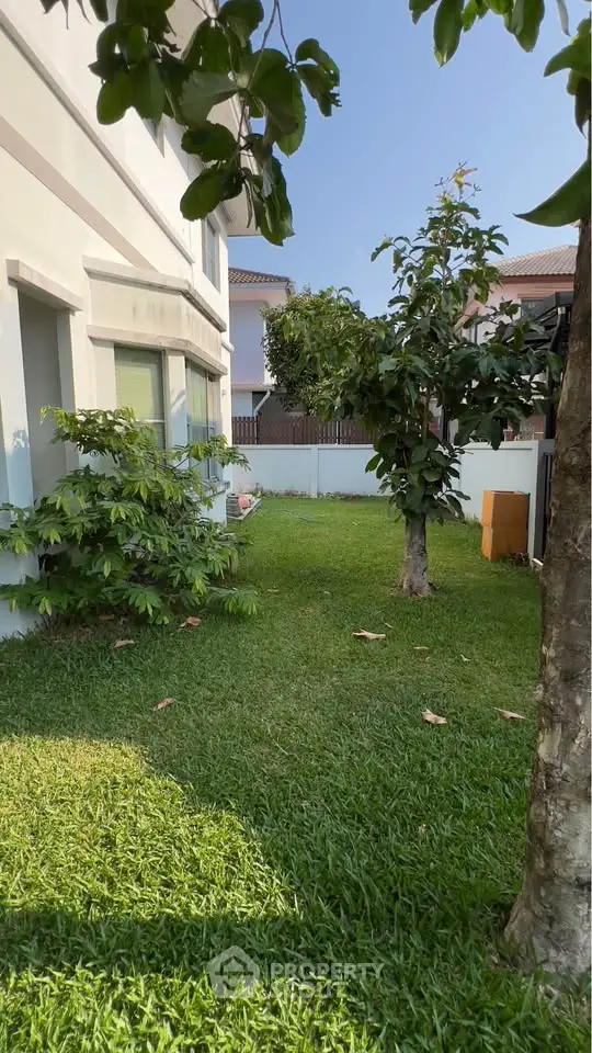 Charming residential garden with lush greenery and mature trees, perfect for outdoor relaxation and family activities.