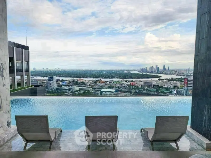 Luxurious rooftop infinity pool with stunning city skyline view, perfect for relaxation and leisure.