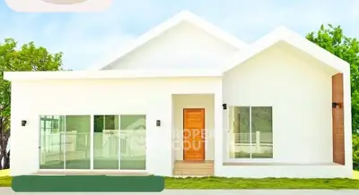 Modern minimalist white house with large windows and wooden door, surrounded by greenery.