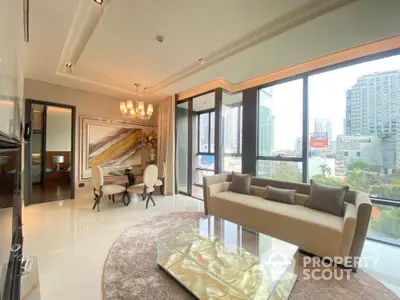 Luxurious modern living room with city view, elegant furniture, and large windows in high-rise apartment.