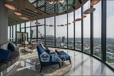 Luxurious high-rise living room with panoramic city views and modern furnishings.