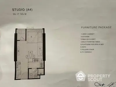 Studio apartment floor plan with detailed furniture package layout