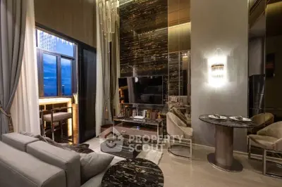 Luxurious modern living room with elegant decor and stunning city view.