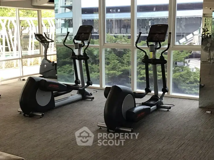 Modern gym with elliptical machines and large windows offering a scenic view.