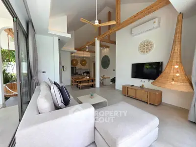Spacious modern living room with high ceilings, stylish decor, and large windows for natural light.