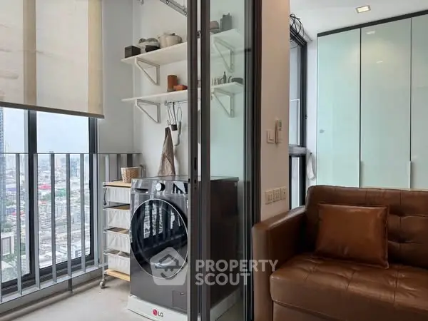 Modern apartment with washing machine and city view balcony