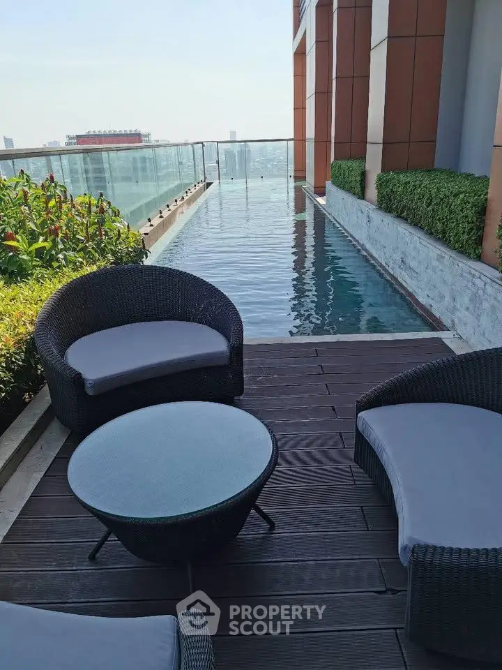 Luxurious rooftop pool with modern seating and stunning city view