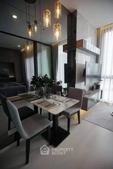 Modern living room with elegant dining area and stylish decor