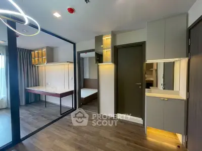 Modern bedroom with sleek design and ample natural light