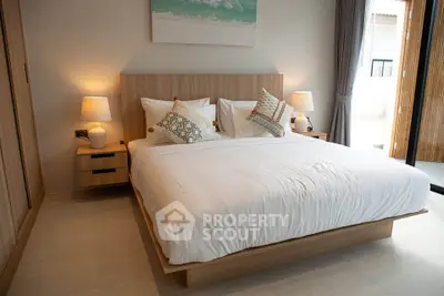 Modern bedroom with cozy wooden bed and stylish decor