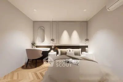 Modern bedroom with elegant decor and cozy ambiance, featuring stylish furniture and soft lighting.