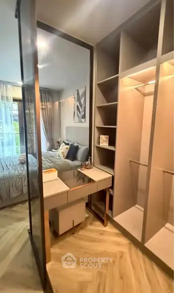 Modern bedroom with walk-in closet and stylish decor