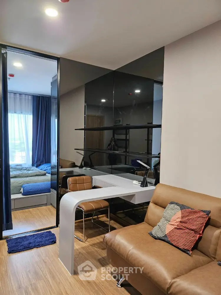 Modern apartment interior with stylish living room and cozy bedroom