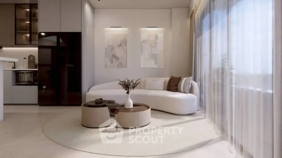 Elegant modern living room with large windows and stylish decor