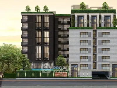 Modern luxury apartment building with lush greenery and elegant facade