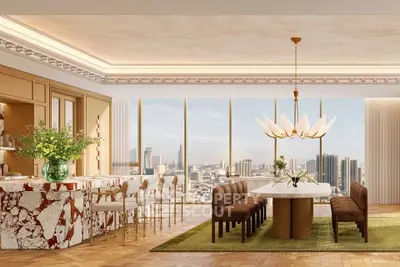Luxurious dining room with panoramic city view, elegant chandelier, and stylish decor.