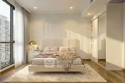 Elegant bedroom with modern decor and large windows offering city views.