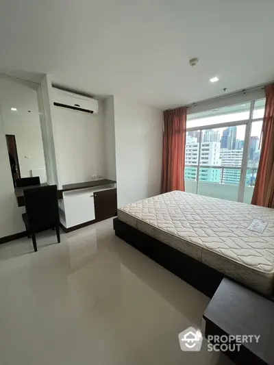 Spacious bedroom with sleek flooring, modern air conditioning, and a panoramic city view through large windows, offering a serene urban retreat.